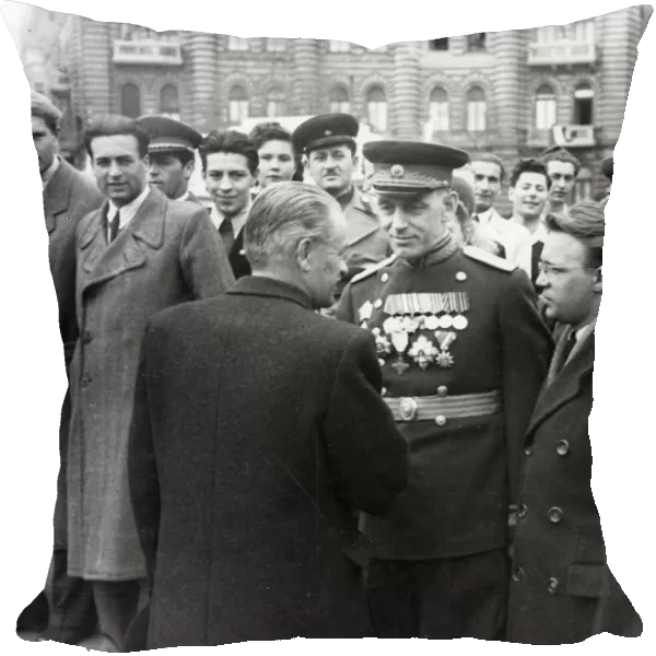 Third anniversary of the liberation of hungary, zoltan tildy, president of the hungarian republic, welcoming the delegation of the soviet army headed by colonel-general kurassov, budapest, hungary, april 1948