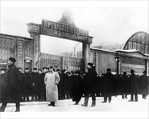 Striking workers of the putilov factory outside the gates of the plant in petersburg, russia during the 1905 revolt