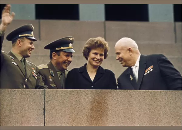 Nikita khrushchev with soviet cosmonauts gagarin, popov, and tereshkova on the rostrum of lenins tomb in red square, moscow, ussr, june 22, 1963
