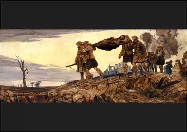 Highlanders carrying wounded man off battlefield