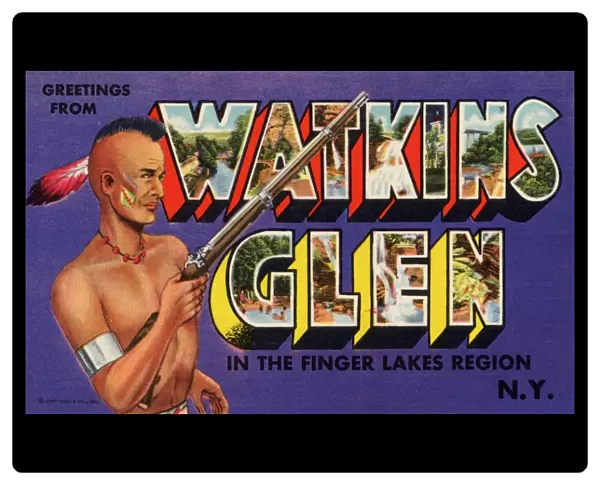 Greeting Card from Watkins Glen, New York. ca. 1951, Watkins Glen, New York, USA, Watkins Glen, located at Seneca Lake, in the Finger Lakes Country of Central New York, is one of the oldest public parks in America. The Glen Park was founded in 1863. Centuries ago it was the stronghold of the Iroquois Confederacy, the first League of Nations. The Glen, itself was termed Devils Hole, and in the main entrance area the council fires burned and chiefs were raised