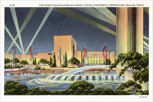 Chrysler Building at Texas Centennial Exposition. ca. 1936, Dallas, Texas, USA, THE CHRYSLER BUILDING BY NIGHT, TEXAS CENTENNIAL EXPOSITION, DALLAS, TEXAS. The Chrysler Building, a permanent structure adjoining the Transportation Building, built at a cost of about $500, 000. Its 35, 000 square feet of space will contain motor car exhibits. Towering pylons will flank each entrance. Concealed flood lights will illuminate the facades of the building at night