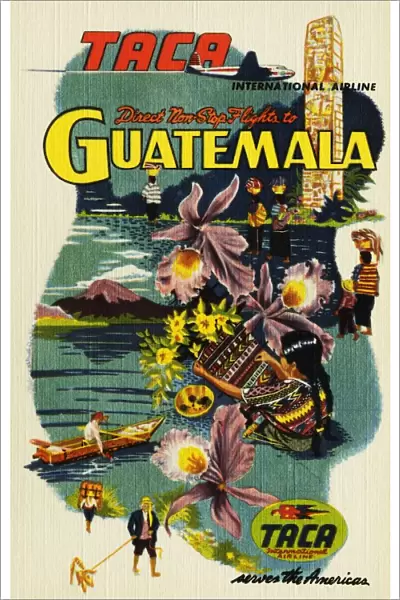 Airline Promotion for Guatemala. ca. 1949, Guatemala, TACA INTERNATIONAL AIRLINE GUATEMALA, The Land of Eternal Spring, is a colorful never to be forgotten country. It is located in the heart of the most beautiful mountain country in the Western Hemisphere