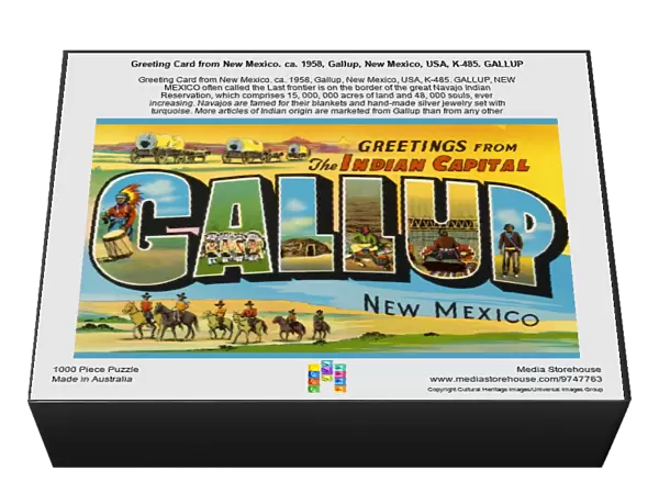 Greeting Card from New Mexico. ca. 1958, Gallup, New Mexico, USA, K-485. GALLUP, NEW MEXICO often called the Last frontier is on the border of the great Navajo Indian Reservation, which comprises 15, 000, 000 acres of land and 48, 000 souls, ever increasing. Navajos are famed for their blankets and hand-made silver jewelry set with turquoise. More articles of Indian origin are marketed from Gallup than from any other city in America. It is also distinguished as the Indian Capital many tribes of Indians from the four cardinal points being neighbors and visitors, especially to the Inter-Tribal Indian Ceremonial, which is held annually during the week closest to the 15th of August