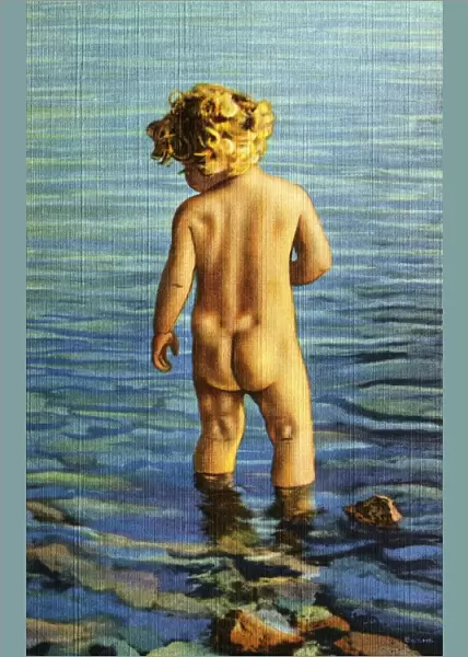 Child Standing in Water. ca. 1936, Minnesota, USA, A BATHER IN MINNESOTAs SKY BLUE WATER
