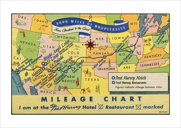 US Mileage Chart Map with Hotels and Restaurants. ca. 1948, USA, Fred Harvey Hotels - Shops - Restaurants. From the shores of the Great Lakes to the orange groves of California, the transcontinental highways traverse regions rich in scenic interest. New Mexico with its mesas and pueblos, its ancient cliff-dwellings and old Spanish missions... Arizona with its Grand Canyon, Painted Desert, petrified Forest and colorful Indian Country. Along the way Fred Harvey Hotels and Restaurants provide convenient stops for lodging and meals and ideal headquarters for information concerning interesting trips off the beaten path