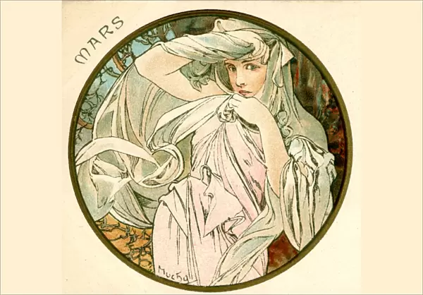 March. Lady in white dress with veil over head, Artist Alphonse Mucha, Art Nouveau