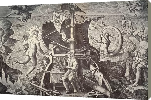 Ferdinand Magellan (c1480-1521) on his ship Victoria. Allegorical celebration