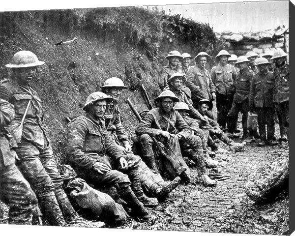 First World War: Party of Royal Irish Rifles in a communication trench on the first