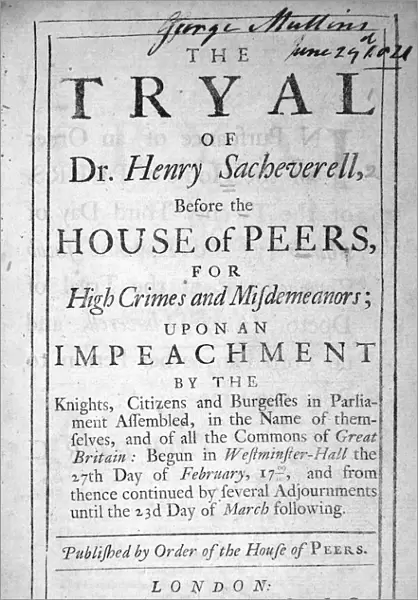 Title page of The Tryal of Dr Henry Sacheverell, London 1710. Sacheverell