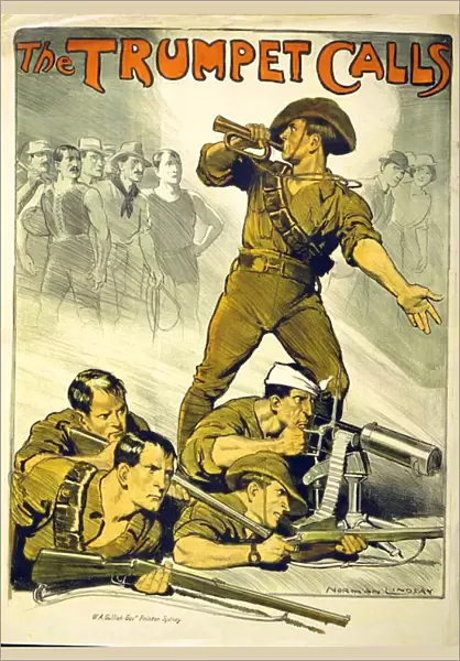The Trumpet Calls: Australian World War I recruitment poster. Bugler calling Australian