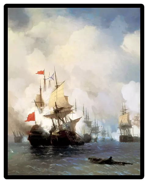 Battle in the Chios Channel, naval battle, summer 1770. Engagement of Turkish flagship