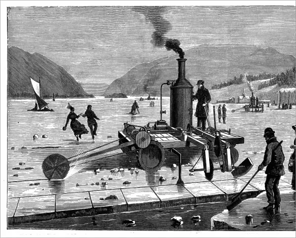 Cutting ice on the St Lawrence river, Canada, using a steam-powered saw. In background