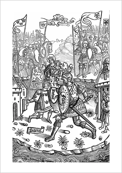 King Arthur, under the protection of the Virgin Mary, fights a giant. Woodcut