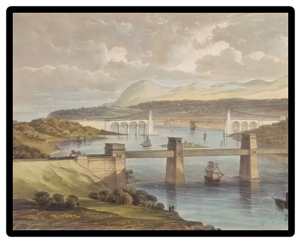 Britannia Tubular Bridge over Menai Straits between Welsh mainland and Angelsea. Chester