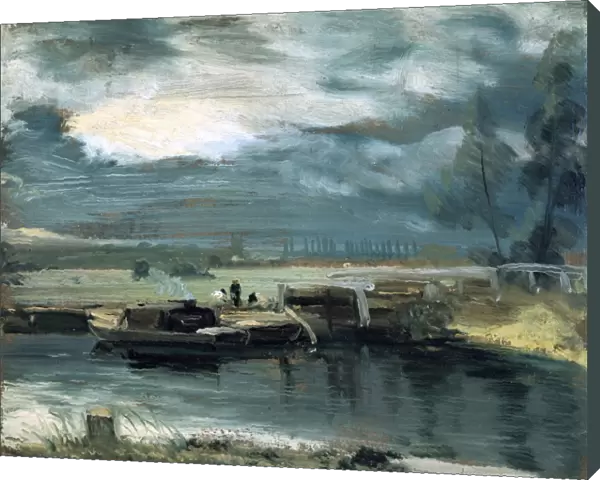 Barges on the Stour at Flatford Lock, with Dedham Church, 1811. John Constable
