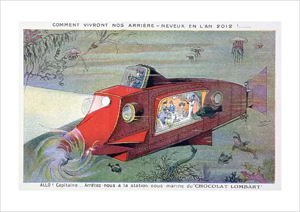 Early 20th century trade card imagining fashionable travel in 2012. Woman travelling