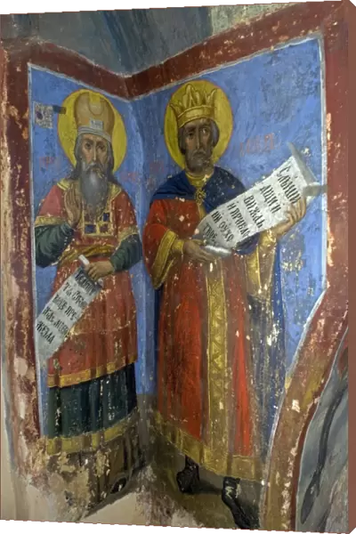 Russia, Veliky Novgorod, fresco depicting Saints in Cathedral of Our Lady of Sign