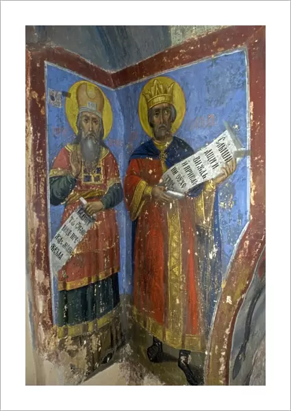 Russia, Veliky Novgorod, fresco depicting Saints in Cathedral of Our Lady of Sign