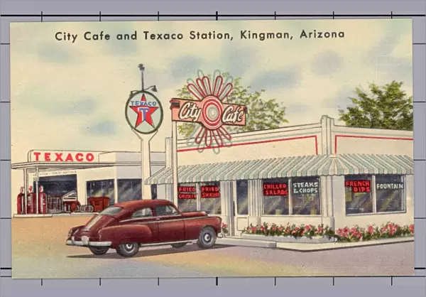 City Cafe and Texaco Station. ca. 1951, Kingman, Arizona, USA, City Cafe and Texaco Station, Kingman, Arizona. EAST KINGMAN, ON HIGHWAY 66. 24-Hour Service. One of the really Fine Restaurants in Kingman, Arizona, Specializing in Good Food and Courteous Service. Established in March 1945, continuously under the Ownership and Management of Mrs. Willie McCasland. While you dine, your car will be completely and competently serviced by Arlise Finch
