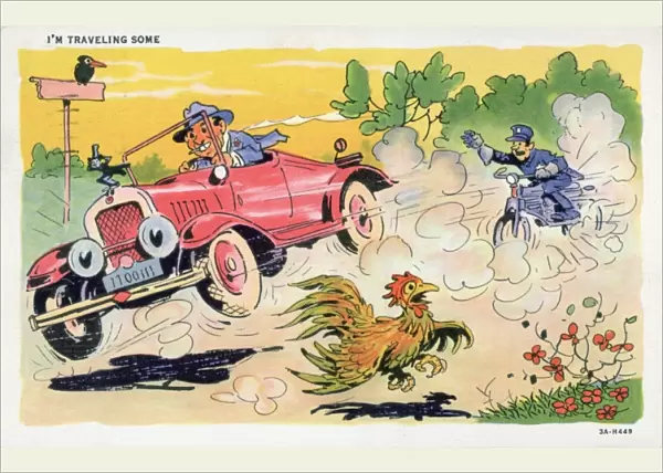 Cartoon of Police Chasing Speeding Motorist. ca. 1933, I M TRAVELING SOME. Dear Ethel: Wish you were with us, among the Indians and, hill-billys. I hope you are feeling better. We stopped at Laona (sic) this Anne Hills-, morning. Miss Ethel Fox, R. 2, NWestern Ave. Racine, Wis