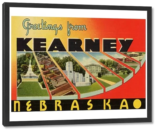 Greeting Card from Kearney, Nebraska. ca. 1940, Kearney, Nebraska, USA, GREETINGS FROM KEARNEY, NEBRASKA. Actual views, on the reverse side, tell the story of one of Nebraskas most attractive and progressive smaller cities. 1940 Census-9, 589: altitude 2146 feet: located on U. S. No. 30-the Lincoln Highway, the Union Pacific and Burlington railroads, and on a transcontinental air route. Three large state institutions: beautiful city parks: two state parks. Genuine hospitality greets the visitor