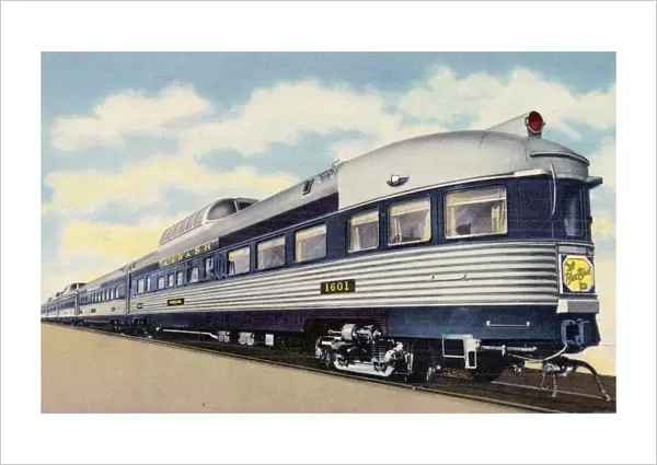 Wabash Dome Streamliner. ca. 1950, Midwestern USA, MOST MODERN TRAIN IN AMERICA. The new Wabash dome streamliner Blue Bird leaves St. Louis every morning and leaves Chicago every afternoon. This new train offers every desirable travel feature, including Pullman parlor car with dome, coaches with domes, Coffee Shop Club for coach passengers, and superb meals in a beautiful dining car