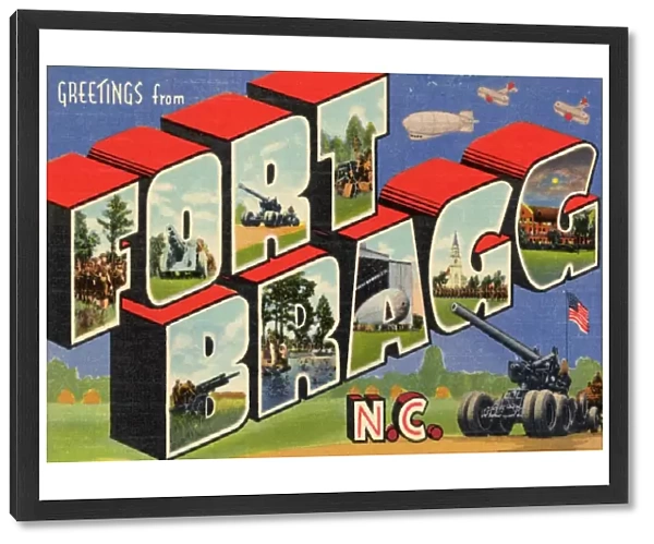 Greeting Card from Fort Bragg, North Carolina. ca. 1941, Fort Bragg, North Carolina, USA, FORT BRAGG, N. C. located 9 miles northwest of Fayetteville, on State Highway 87, is the largest artillery range in the United States. It embraces approximately 130, 000 acres of land, and has a personnel of about 66, 000 officers and men