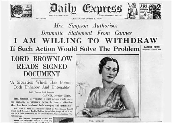 Mrs Simpson offers to withdraw, 8 December 1936. Article on the front page