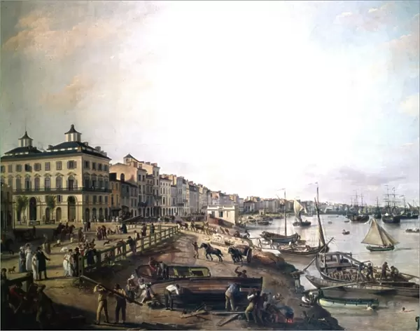 The Port of Bordeaux in 1804. Merchant vessels are at anchor, being loaded and unloaded