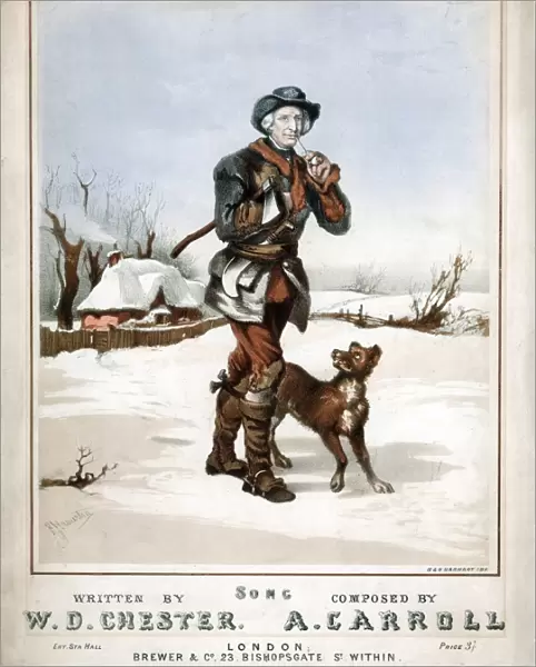 The Woodman setting off to work in snowy landscape, axe under arm and billhook tucked in belt