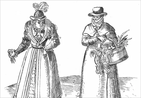 English countrywoman carrying basket of chickens and wearing apron over plain clothes (right)