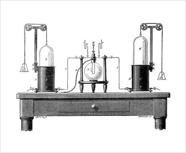 Lavoisiers apparatus for synthesizing water from hydrogen (left) and oxygen (right)