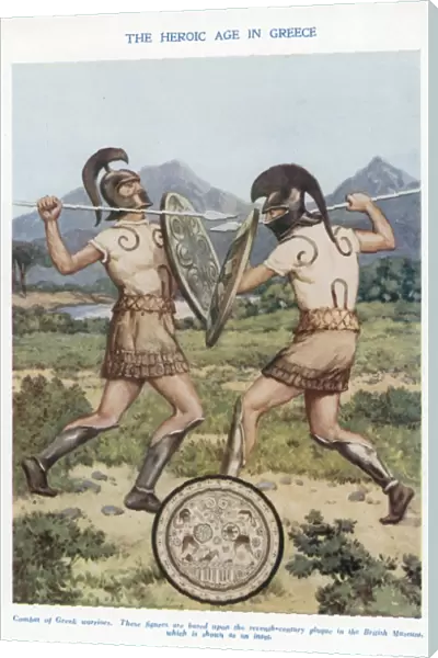 Greek warriors in hand-to-hand combat. Early 20th century illustration based on an