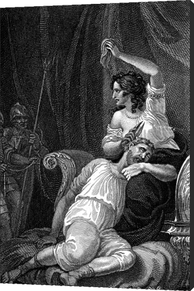 Delilah cutting Samsons hair, thus taking away his strength. Bible. Illustration