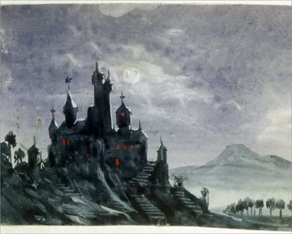 View of a Fantastic Chateau by Moonlight. Watercolour and gouache. Aurore Amadine Lucie Dupin