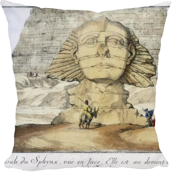 Huge head of Sphinx, seen from the front. It is just in front of the second pyramid of Memphis