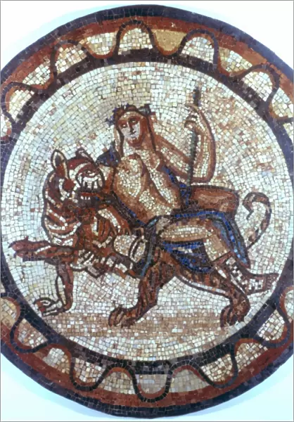 Bacchus, Ancient Roman god of Wine (Dionysius in Greek pantheon) riding on a tiger