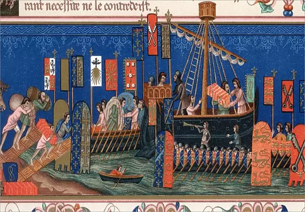 Crusaders embarking for the Holy Lane. Detail from 15th century Statutes of the Order