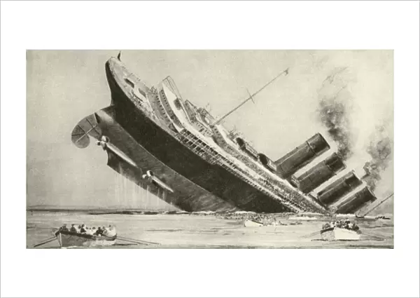 Sinking of the American liner Lusitania after being struck by a torpedo