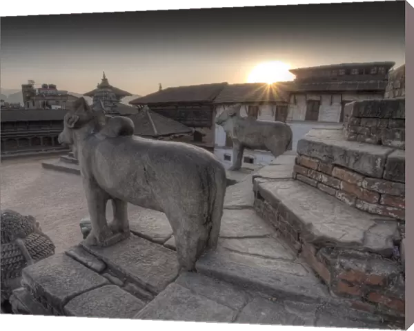 Setting sun over the village square at Bhaktapur, Western Himalayas, Nepal