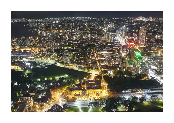 Aerial view of St Marys Cathedral in Sydney at night