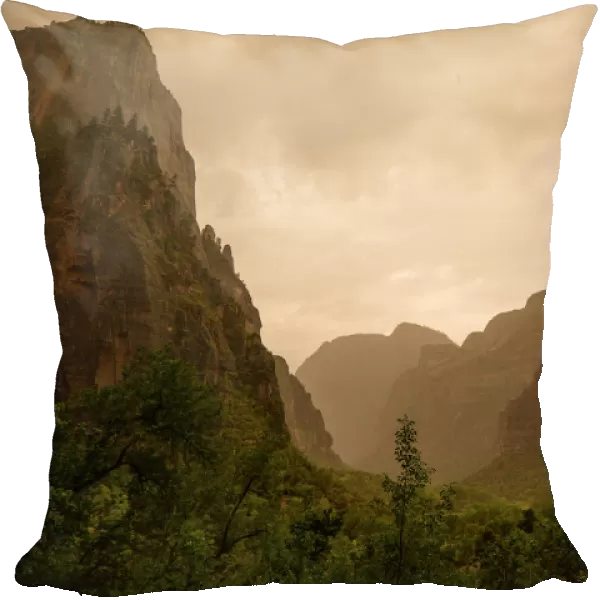 View of Zion Canyon on a Drizzling and Cloudy Morning in Zion National Park, Utah, United States of America