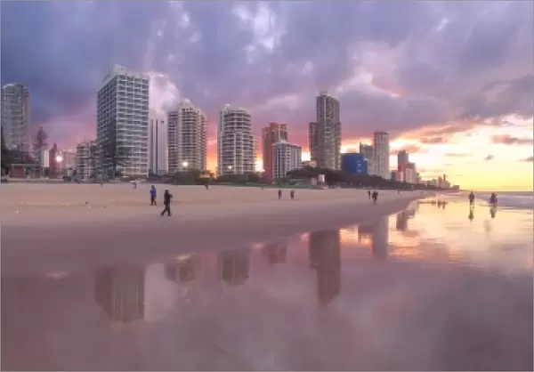 Surfers Paradise skyline at sunset with dramatic sky