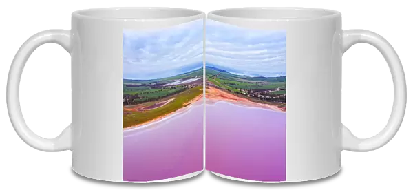 Aerial view of the green landscape, patterns, textures and amazing colors, pink, purple and orange over a Pink Salt Lake