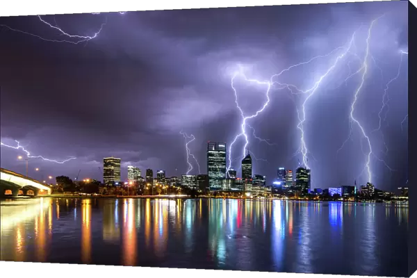 Lightning strikes over the skyline of Perth Western Australia