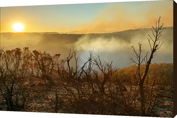 Sun setting in burnt smouldering mountain landscape with smoke filled valley after forest