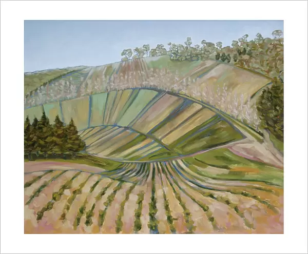 Oil Painting of Farm Paddocks on a Hillside