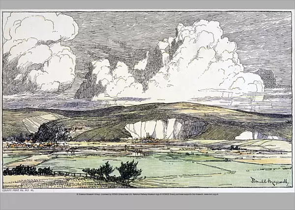 South Downs, Sussex, SR carriage print, c 1950s