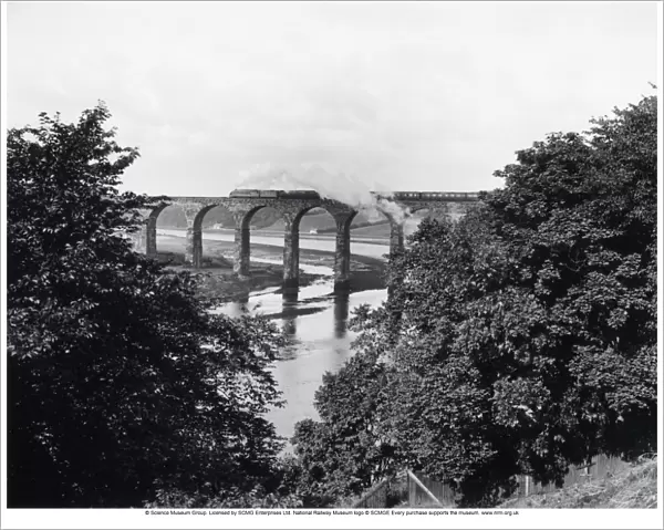 LNER class A4 steam locomotive crossing Royal Border Bridge, c 1938